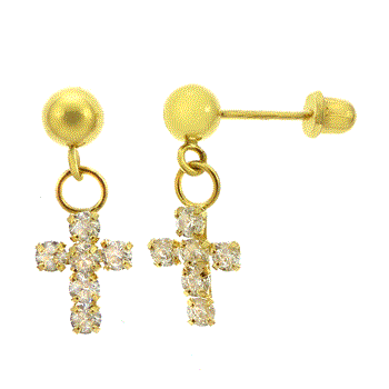 14K Gold Dangle Lab Diamonds Cross - 4mm Ball with Screw Back Earrings