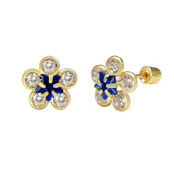 14K Gold Sapphire Blue Lab Diamonds Flower W. Screw Back Stud Earrings - Shryne Diamanti & Co.