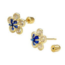 14K Gold Sapphire Blue Lab Diamonds Flower W. Screw Back Stud Earrings - Shryne Diamanti & Co.