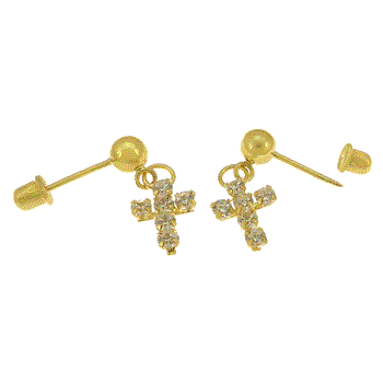 14K Gold Dangle Lab Diamonds Cross - 4mm Ball with Screw Back Earrings