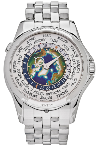 Patek Philippe World Time Reference 5131/1P, a platinum automatic wristwatch with world time and cloisonné enamel dial - Shryne Diamanti & Co.